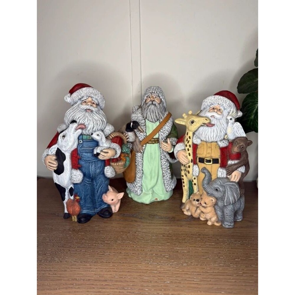 Set of 3 Santa With Animals Christmas Figurines Farm & Safari Holiday Decor